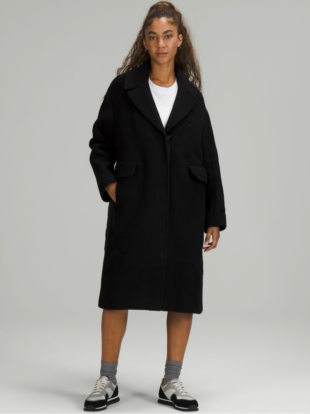lululemon athletica Black Long Wool-Blend Pea Coat